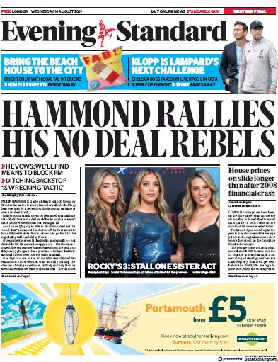 London Evening Standard Newspaper Front Page for 15 August 2019
