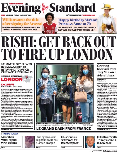 London Evening Standard Newspaper Front Page for 15 August 2020