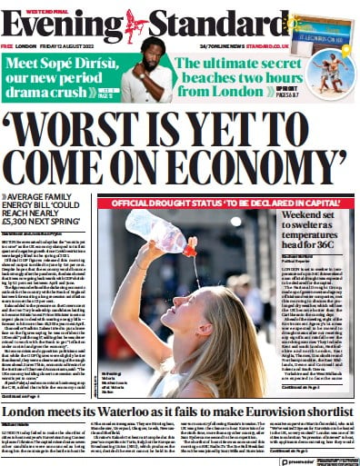 London Evening Standard (UK) Newspaper Front Page for 15 August 2022