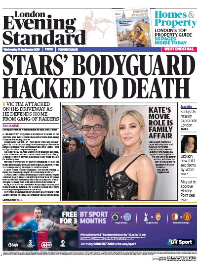 London Evening Standard Newspaper Front Page for 15 September 2016