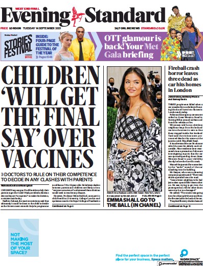 London Evening Standard (UK) Newspaper Front Page for 15 September 2021