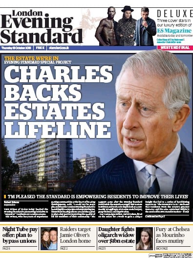 London Evening Standard Newspaper Front Page for 16 October 2015