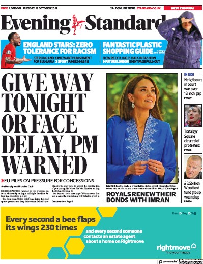 London Evening Standard Newspaper Front Page for 16 October 2019