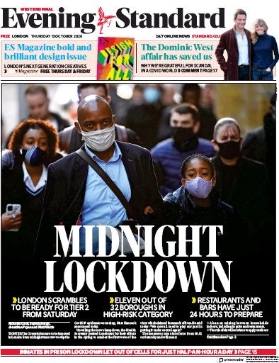 London Evening Standard Newspaper Front Page for 16 October 2020