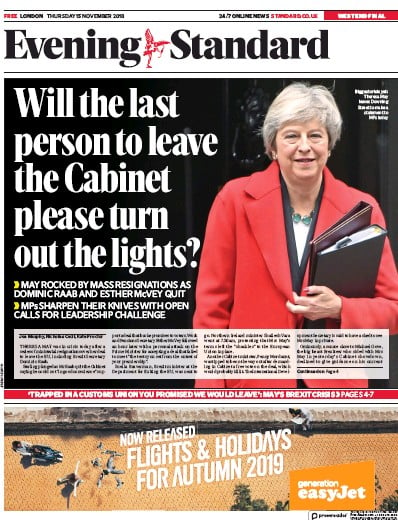 London Evening Standard (UK) Newspaper Front Page for 16 November 2018