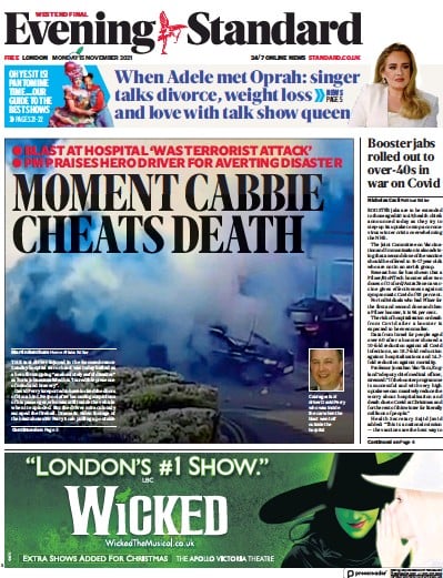 London Evening Standard (UK) Newspaper Front Page for 16 November 2021