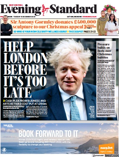 London Evening Standard Newspaper Front Page for 16 December 2020