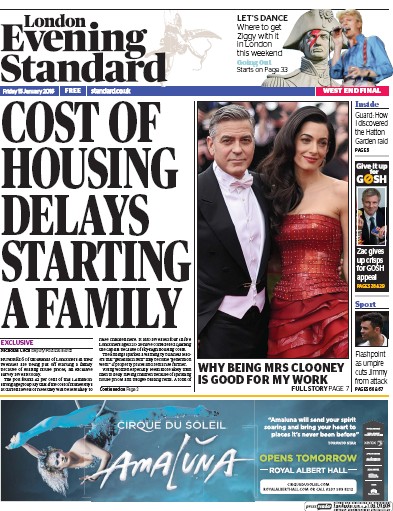 London Evening Standard Newspaper Front Page for 16 January 2016
