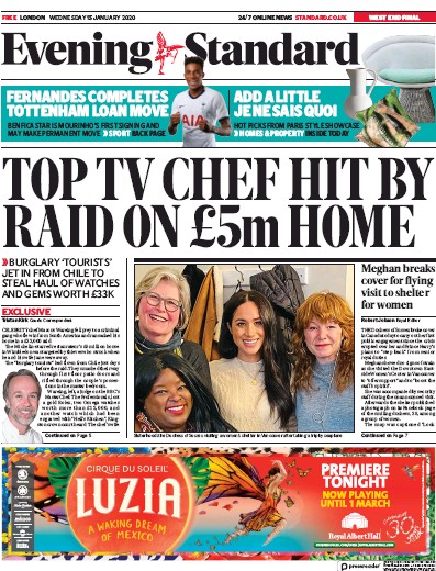 London Evening Standard Newspaper Front Page for 16 January 2020