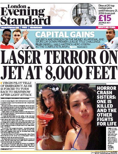 London Evening Standard Newspaper Front Page for 16 February 2016