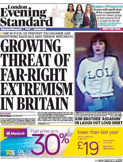 London Evening Standard Newspaper Front Page for 16 February 2017
