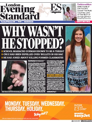 London Evening Standard Newspaper Front Page for 16 February 2018