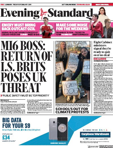 London Evening Standard Newspaper Front Page for 16 February 2019