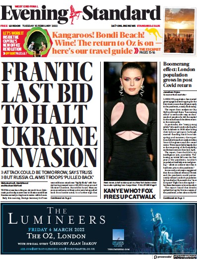 London Evening Standard Newspaper Front Page for 16 February 2022