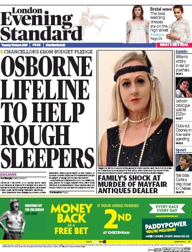 London Evening Standard Newspaper Front Page for 16 March 2016