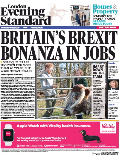 London Evening Standard (UK) Newspaper Front Page for 16 March 2017