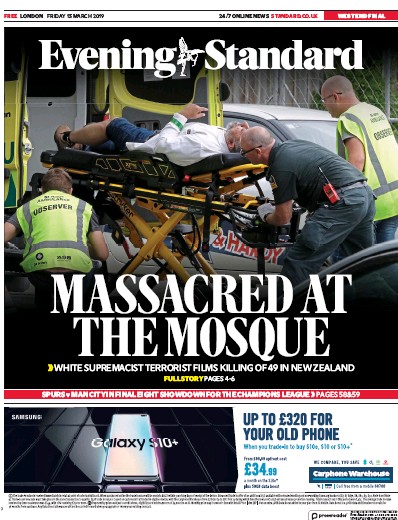 London Evening Standard Newspaper Front Page for 16 March 2019