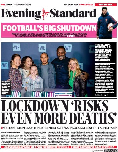 London Evening Standard (UK) Newspaper Front Page for 16 March 2020