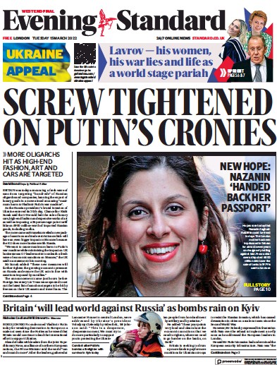 London Evening Standard Newspaper Front Page for 16 March 2022