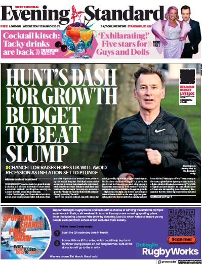 London Evening Standard (UK) Newspaper Front Page for 16 March 2023