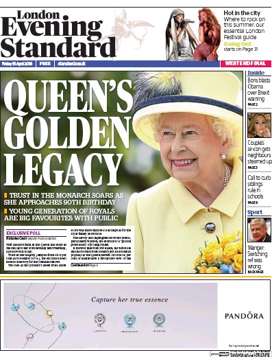 London Evening Standard Newspaper Front Page for 16 April 2016
