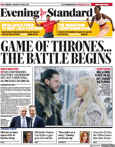 London Evening Standard Newspaper Front Page for 16 April 2019