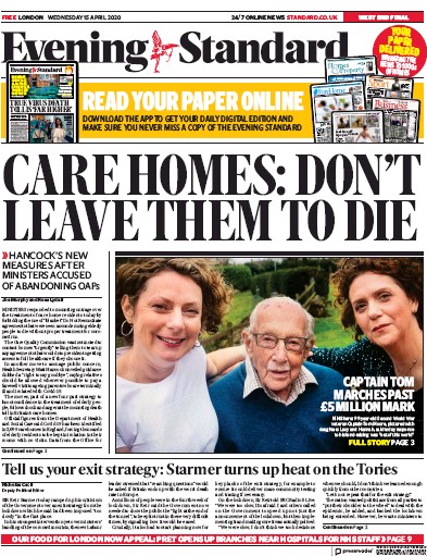 London Evening Standard Newspaper Front Page for 16 April 2020
