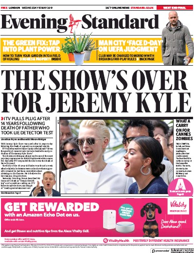 London Evening Standard Newspaper Front Page for 16 May 2019
