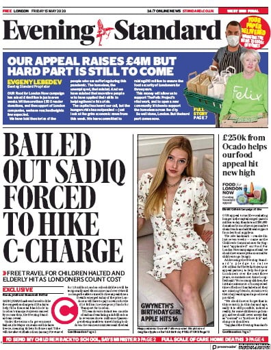 London Evening Standard Newspaper Front Page for 16 May 2020