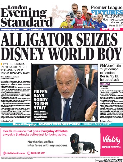 London Evening Standard Newspaper Front Page for 16 June 2016