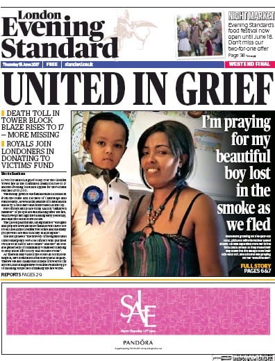 London Evening Standard Newspaper Front Page for 16 June 2017