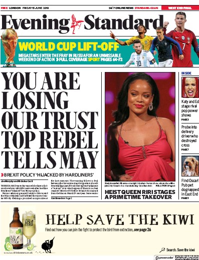 London Evening Standard Newspaper Front Page for 16 June 2018