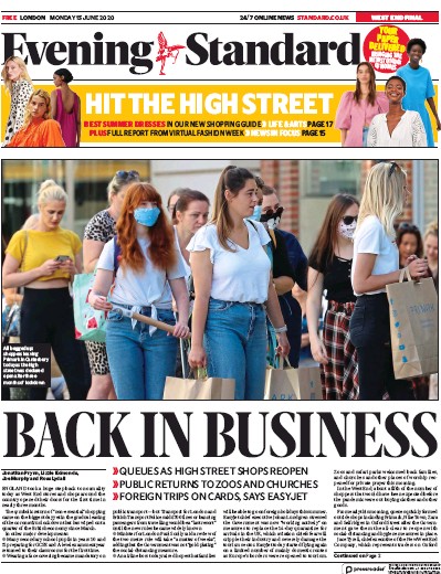 London Evening Standard Newspaper Front Page for 16 June 2020