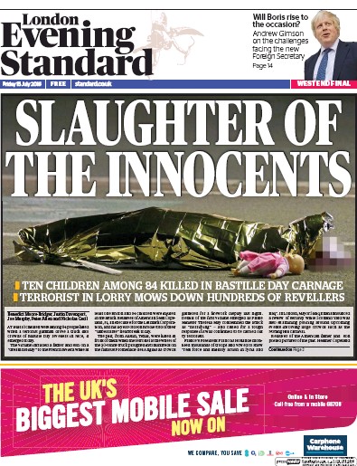 London Evening Standard Newspaper Front Page for 16 July 2016
