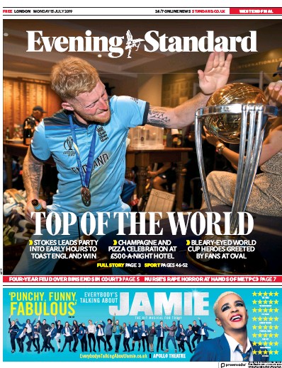 London Evening Standard Newspaper Front Page for 16 July 2019