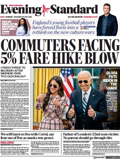 London Evening Standard (UK) Newspaper Front Page for 16 July 2021