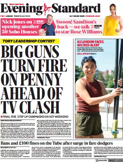 London Evening Standard (UK) Newspaper Front Page for 16 July 2022