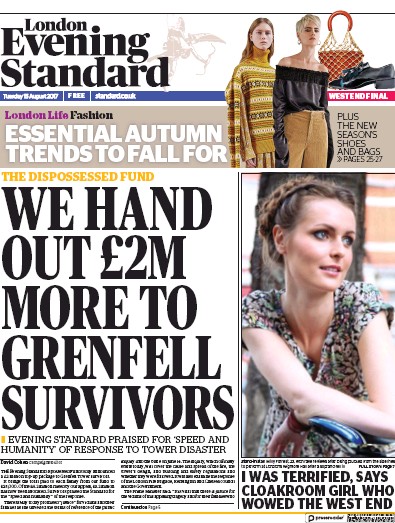 London Evening Standard Newspaper Front Page for 16 August 2017