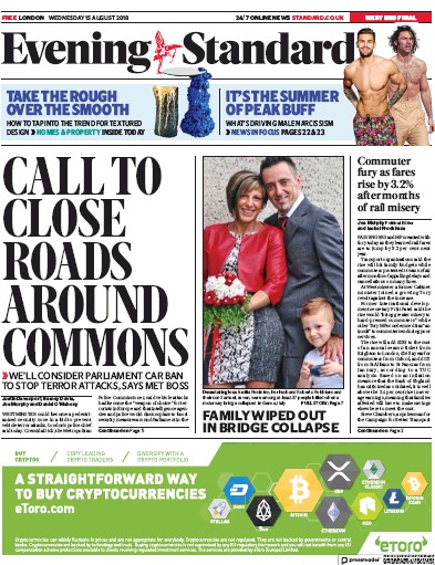 London Evening Standard (UK) Newspaper Front Page for 16 August 2018