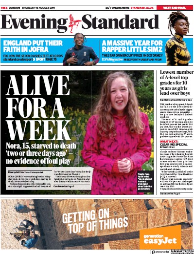 London Evening Standard Newspaper Front Page for 16 August 2019