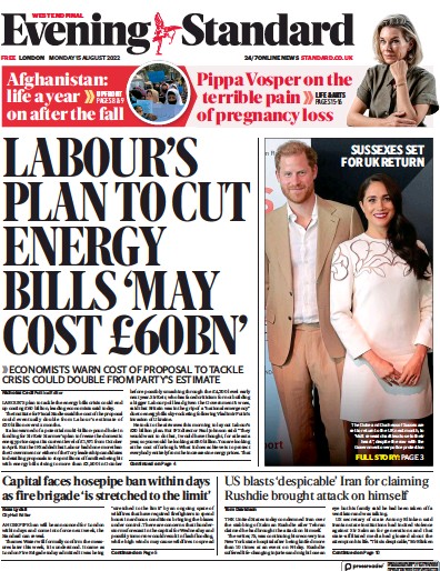 London Evening Standard (UK) Newspaper Front Page for 16 August 2022