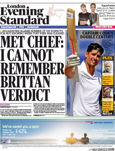 London Evening Standard Newspaper Front Page for 17 October 2015