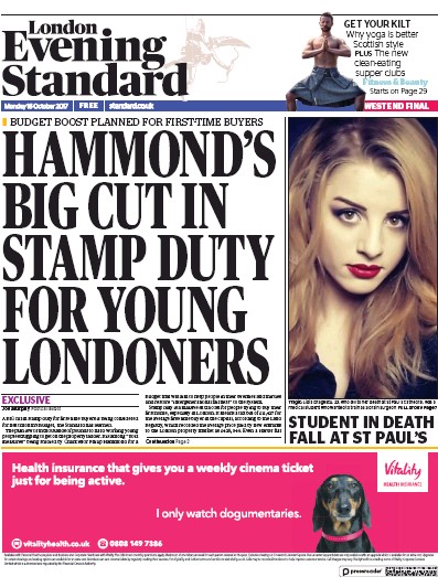 London Evening Standard Newspaper Front Page for 17 October 2017