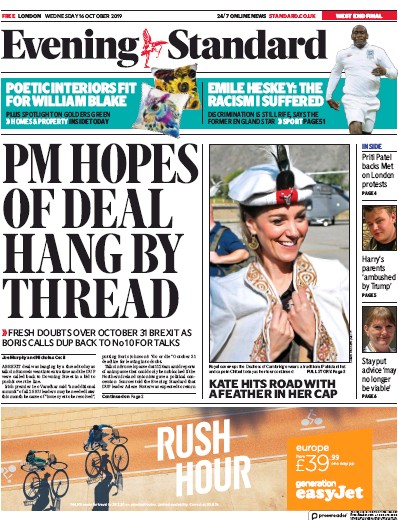London Evening Standard Newspaper Front Page for 17 October 2019
