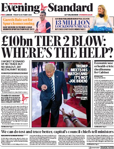 London Evening Standard Newspaper Front Page for 17 October 2020