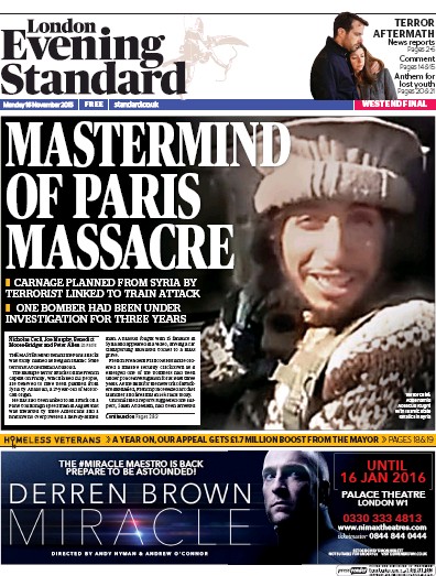 London Evening Standard Newspaper Front Page for 17 November 2015