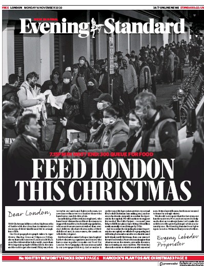 London Evening Standard Newspaper Front Page for 17 November 2020