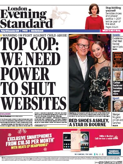 London Evening Standard Newspaper Front Page for 17 December 2016