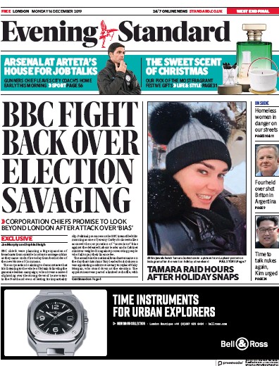 London Evening Standard Newspaper Front Page for 17 December 2019