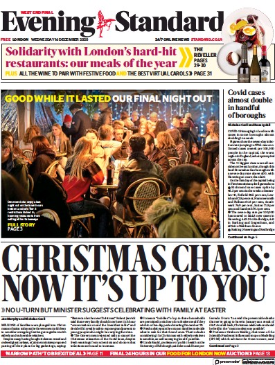 London Evening Standard (UK) Newspaper Front Page for 17 December 2020